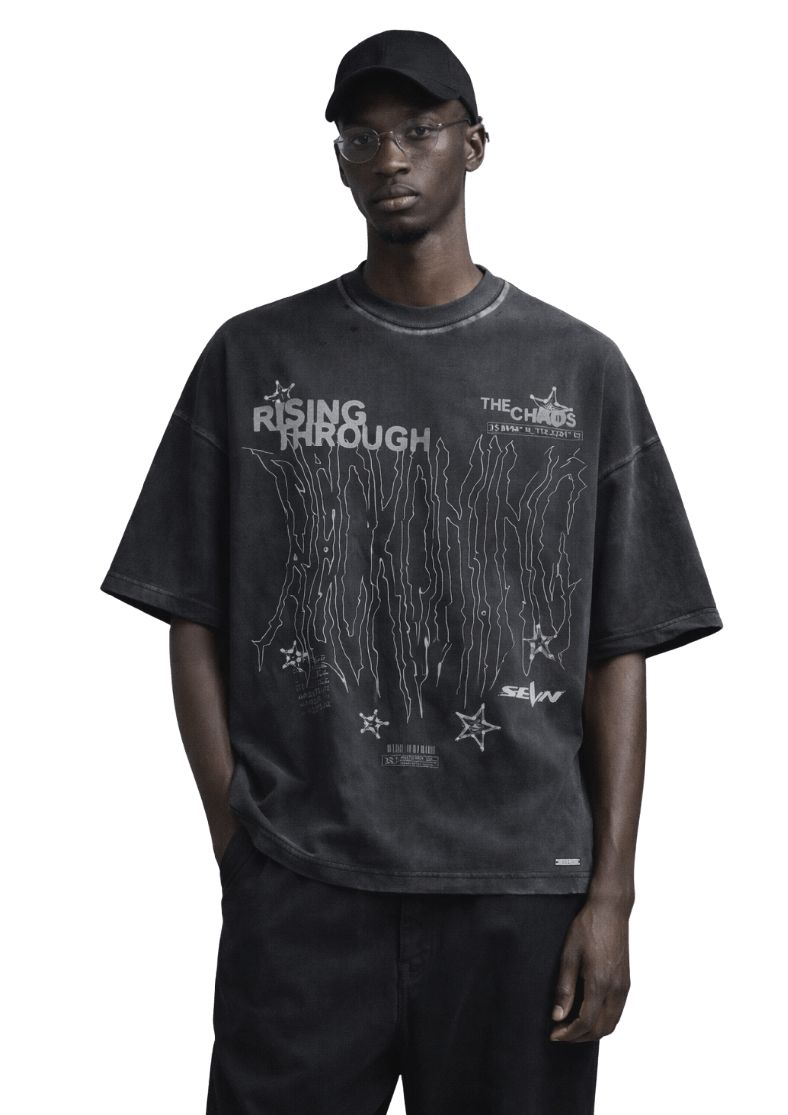 SEVN SS26 Reckoning oversized washed black 250GSM heavyweight cotton t-shirt on body front view relaxed streetwear fit