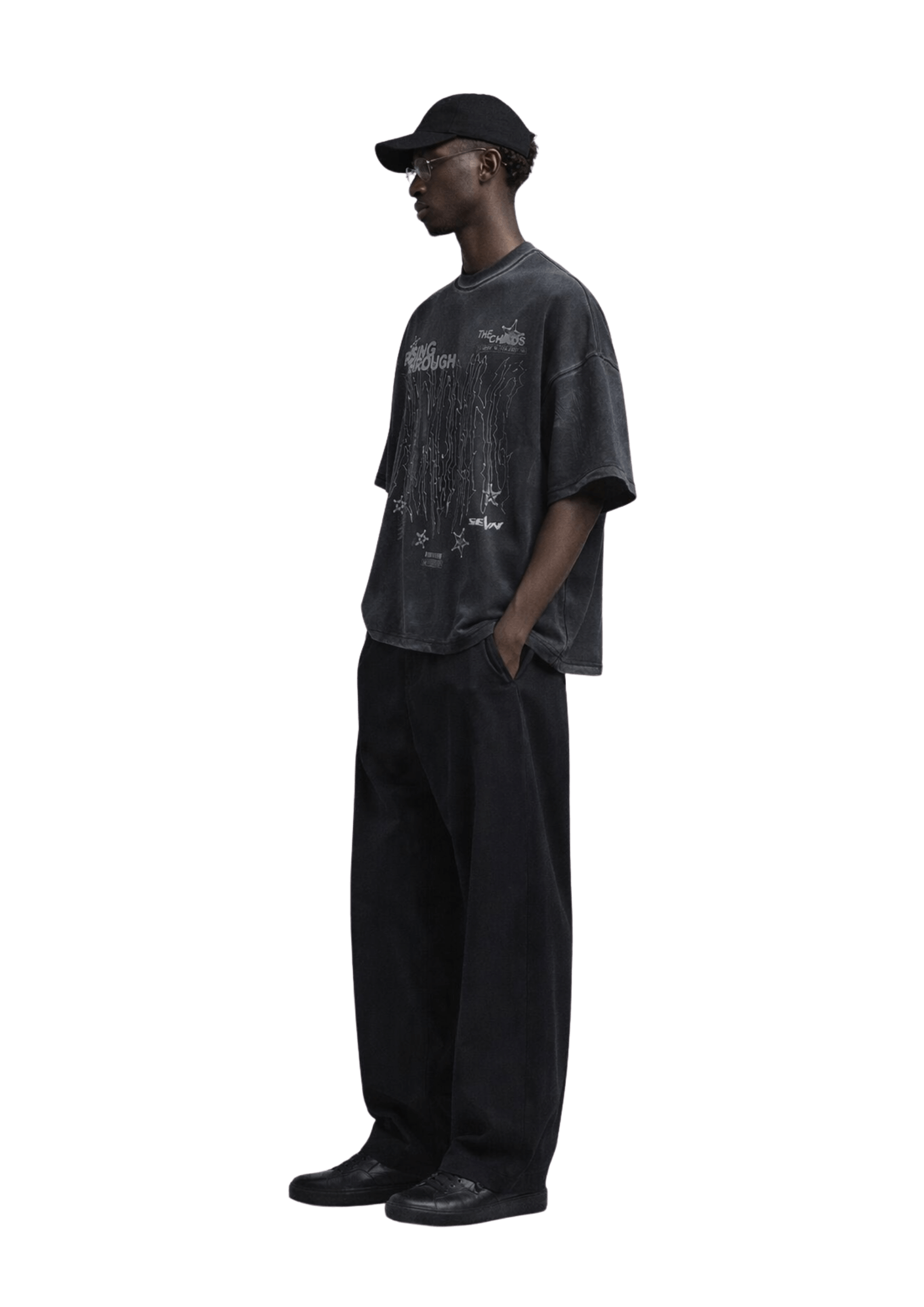 SEVN SS26 Reckoning oversized washed black 250GSM heavyweight t-shirt on body side view streetwear fit