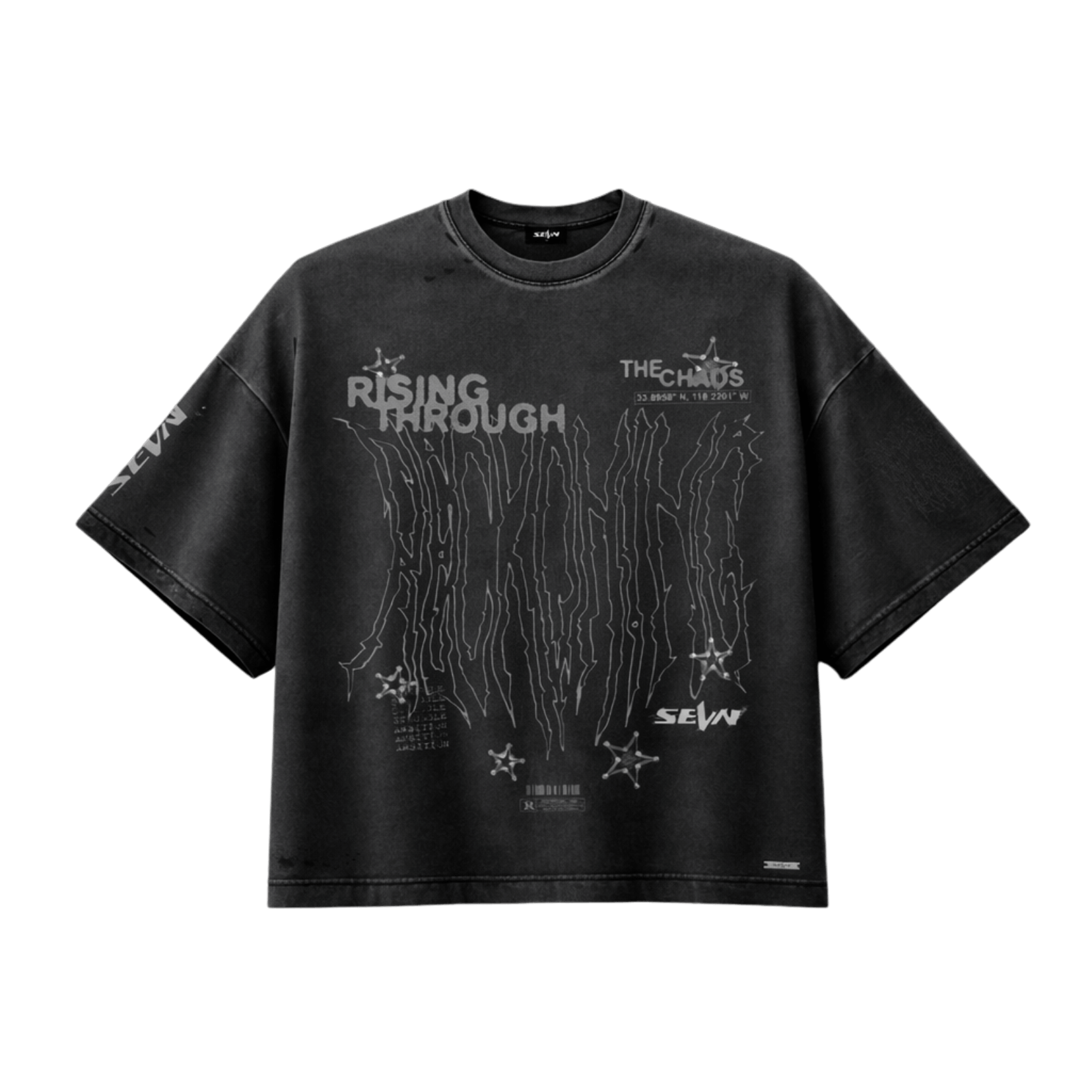 SEVN SS26 Reckoning oversized washed black 250GSM heavyweight t-shirt front view premium streetwear